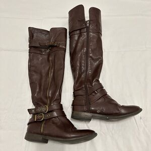 burgundy knee high boots with buckle design
